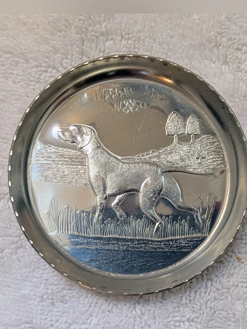 Vintage MCM Forged Aluminum Coaster Set 8 In Box Hunting Dog German Shorthaired